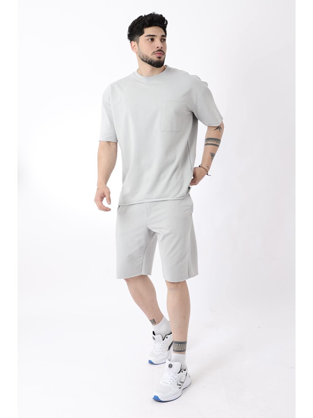 Gri Rahat İki İp Penye Şort Erkek Takım Bld 5000-5066_72005-2