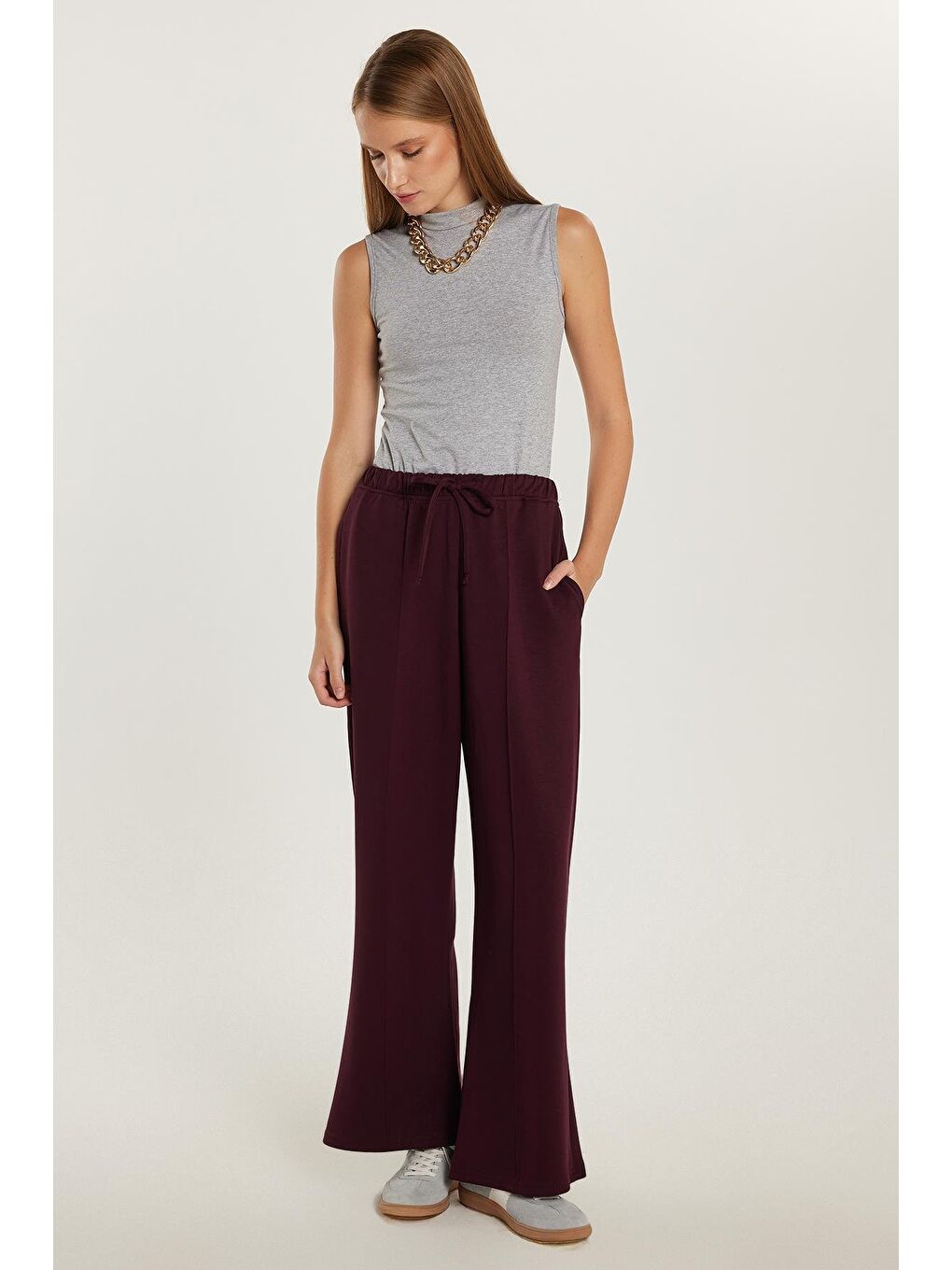 Kadın Modal Kumaş Relax Fit Beli Lastikli Bağlamalı Bordo Pantolon-3