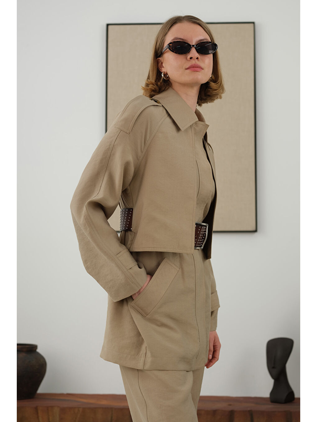 Bej Rüzgarlıklı Trençkot Vizon-3