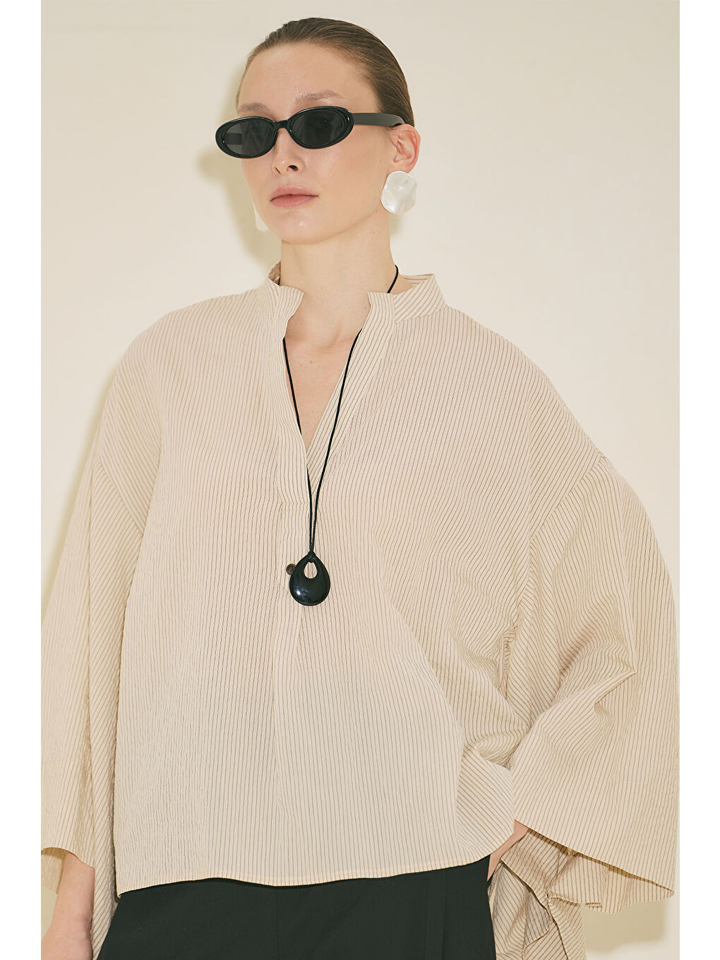 Kimono Kol Bluz Ekru Çizgili-4