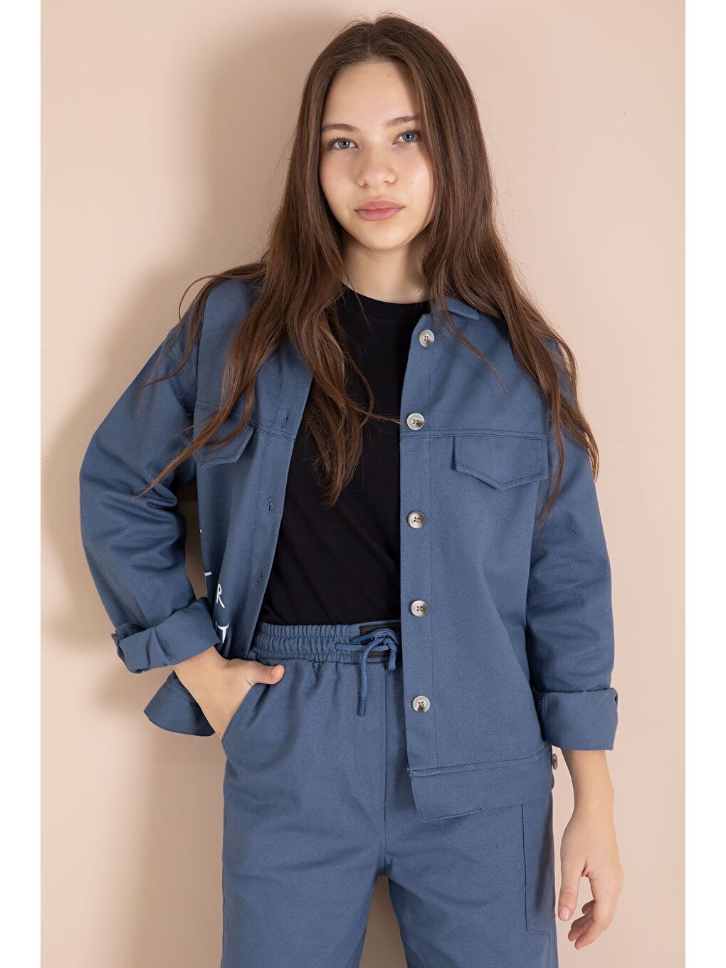 İndigo Yazı Detaylı Gömlekli Kız Çocuk Pantolonlu Gabardin Takım 23567-1