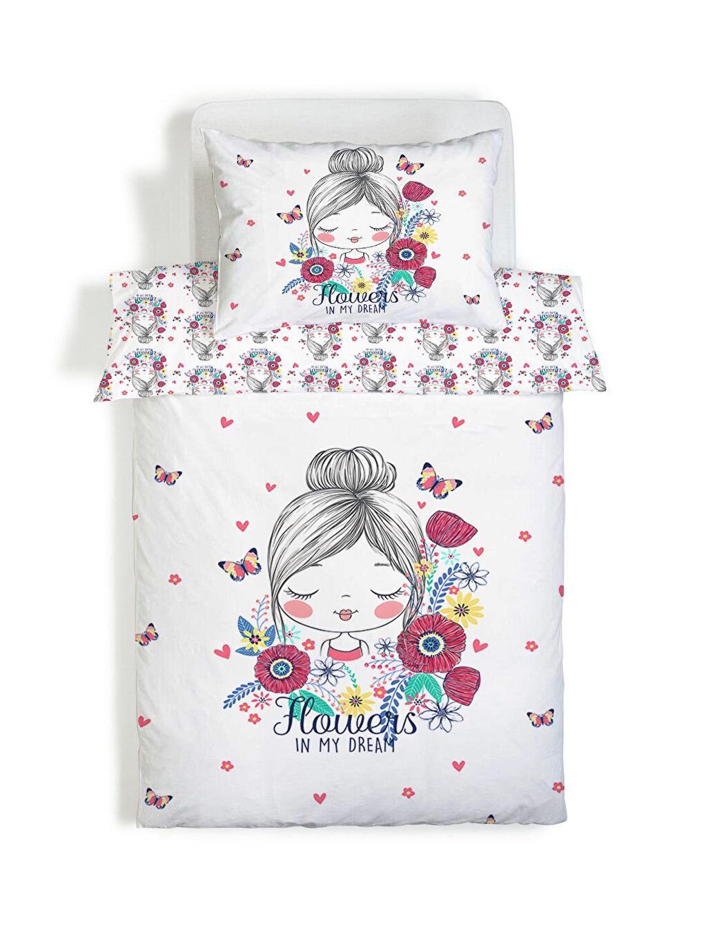 Karışık Çift Taraflı Kız Çocuk Desenli Çarşafsız Takım Tek Kişilik Nevresim Takımı 160x220 Cm-1