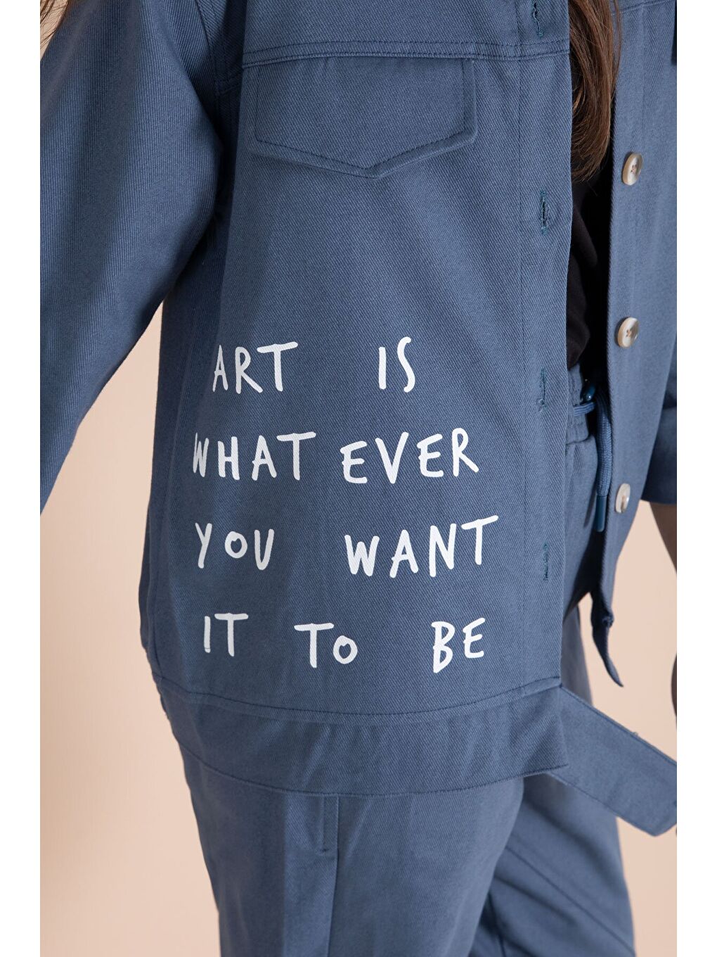 İndigo Yazı Detaylı Gömlekli Kız Çocuk Pantolonlu Gabardin Takım 23567-3