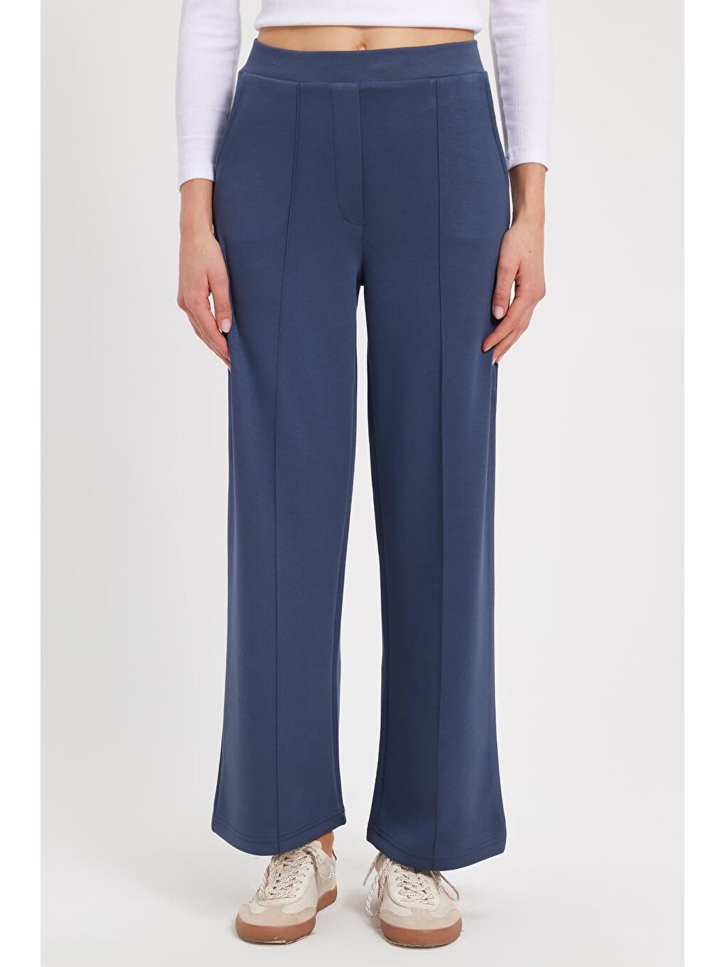 Kadın Relax Fit Rahat Kesim Modal Kumaş Yüksel Bel Geniş Paça İndigo Pantolon