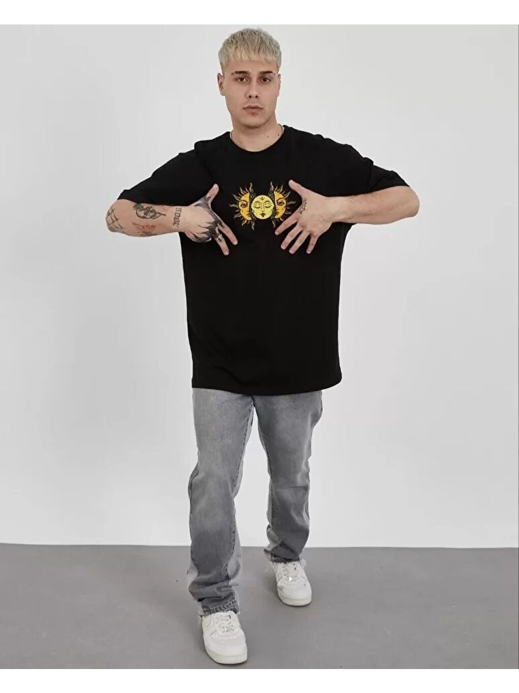 Unisex Bisiklet Yaka Baskılı Oversize T-Shirt - Siyah