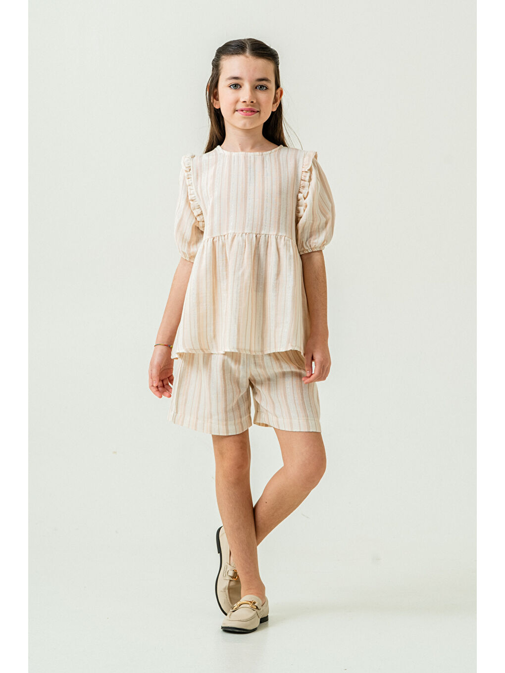Kız Çocuk Çizgili Müslin Şortlu Takım 5-9 Yaş Bej 3806-2