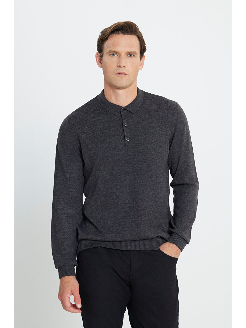 Erkek Antrasit-Melanj Tüylenme Yapmayan Anti Pilling Kumaş Standart Fit Polo Yaka Triko-1