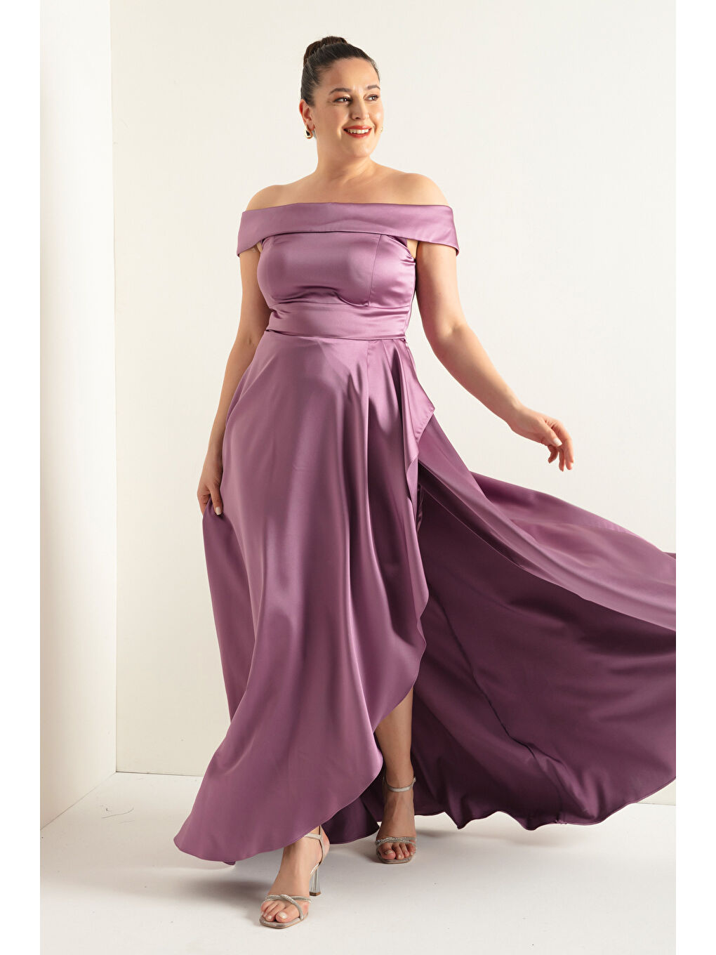 Lila Kadın Lavanta Kayık Yaka Büyük Beden Saten Abiye & Mezuniyet Elbisesi-1