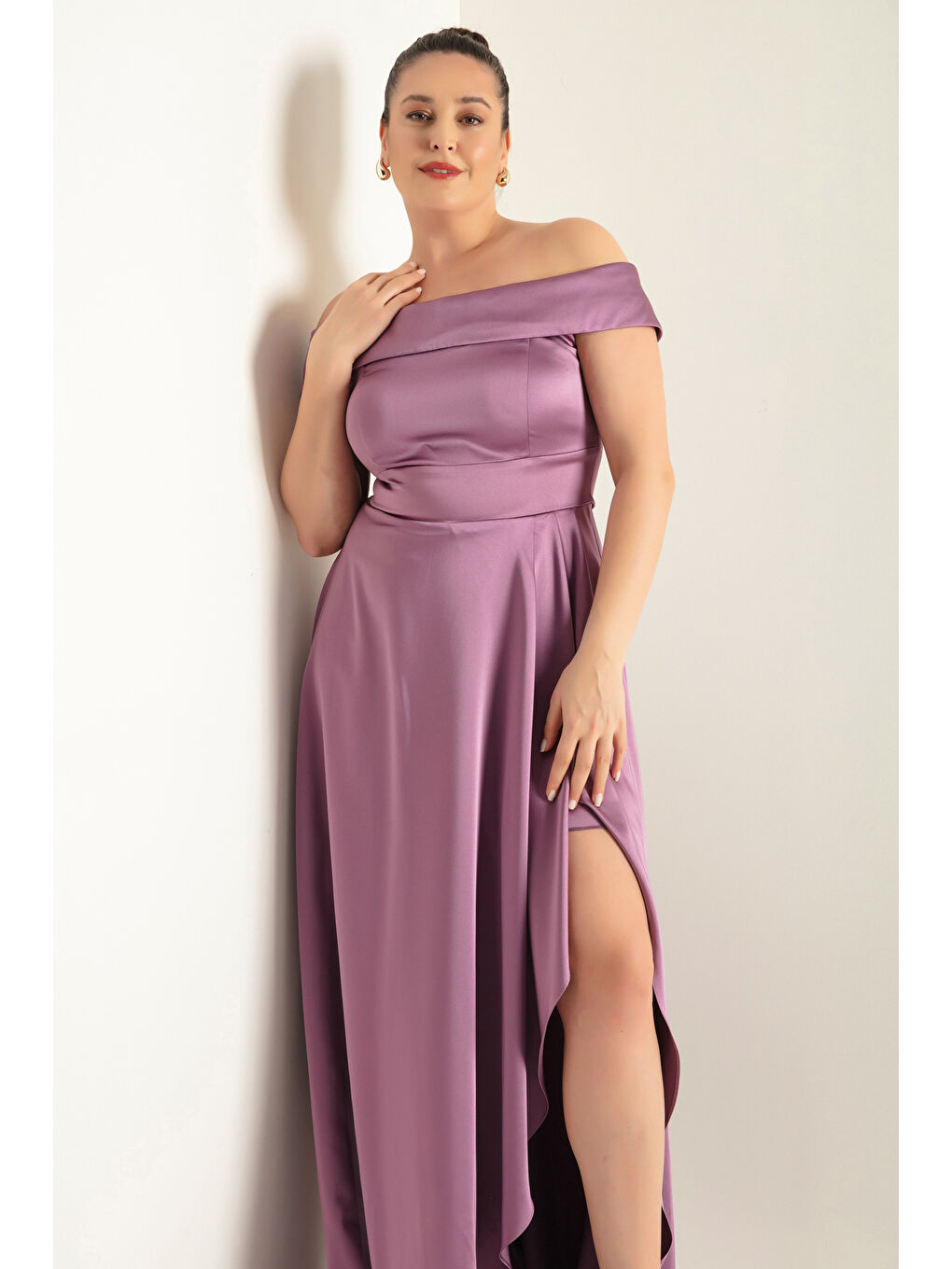 Lila Kadın Lavanta Kayık Yaka Büyük Beden Saten Abiye & Mezuniyet Elbisesi-2