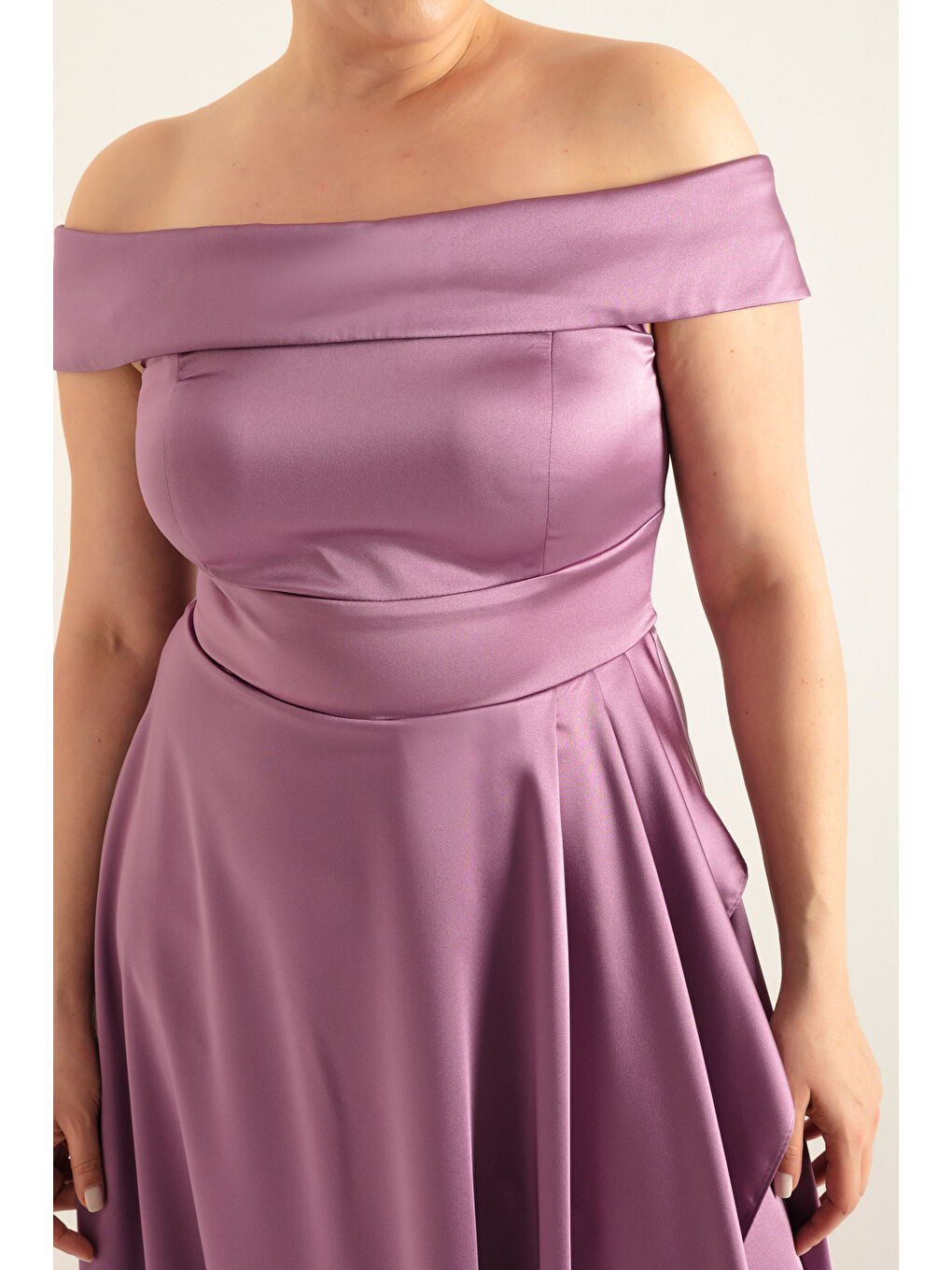 Lila Kadın Lavanta Kayık Yaka Büyük Beden Saten Abiye & Mezuniyet Elbisesi-3