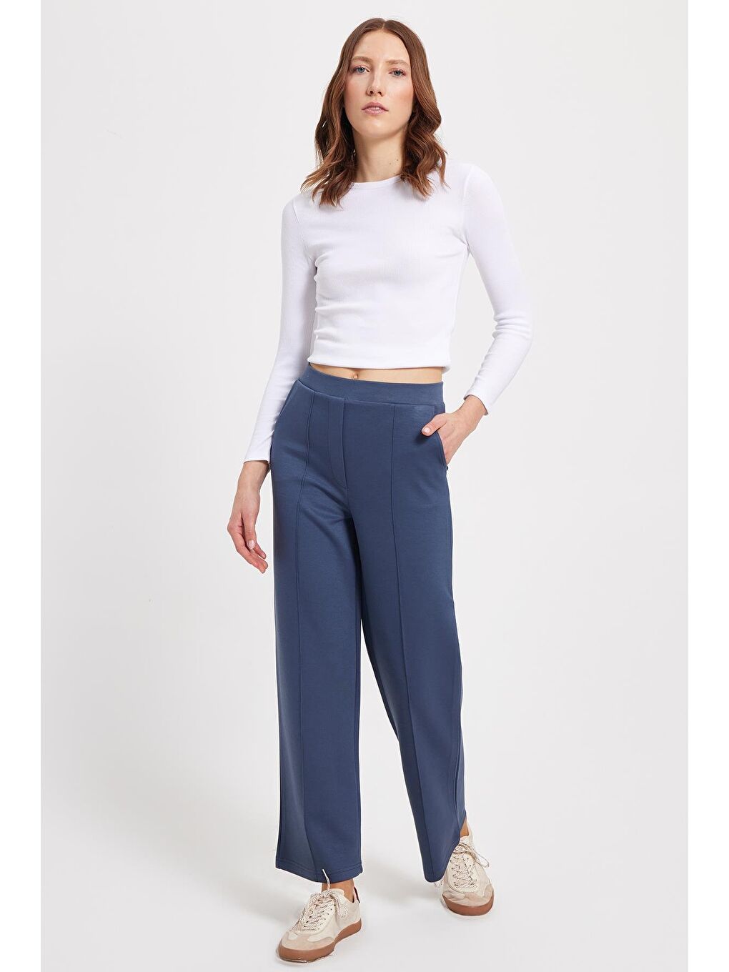 Kadın Relax Fit Rahat Kesim Modal Kumaş Yüksel Bel Geniş Paça İndigo Pantolon-3
