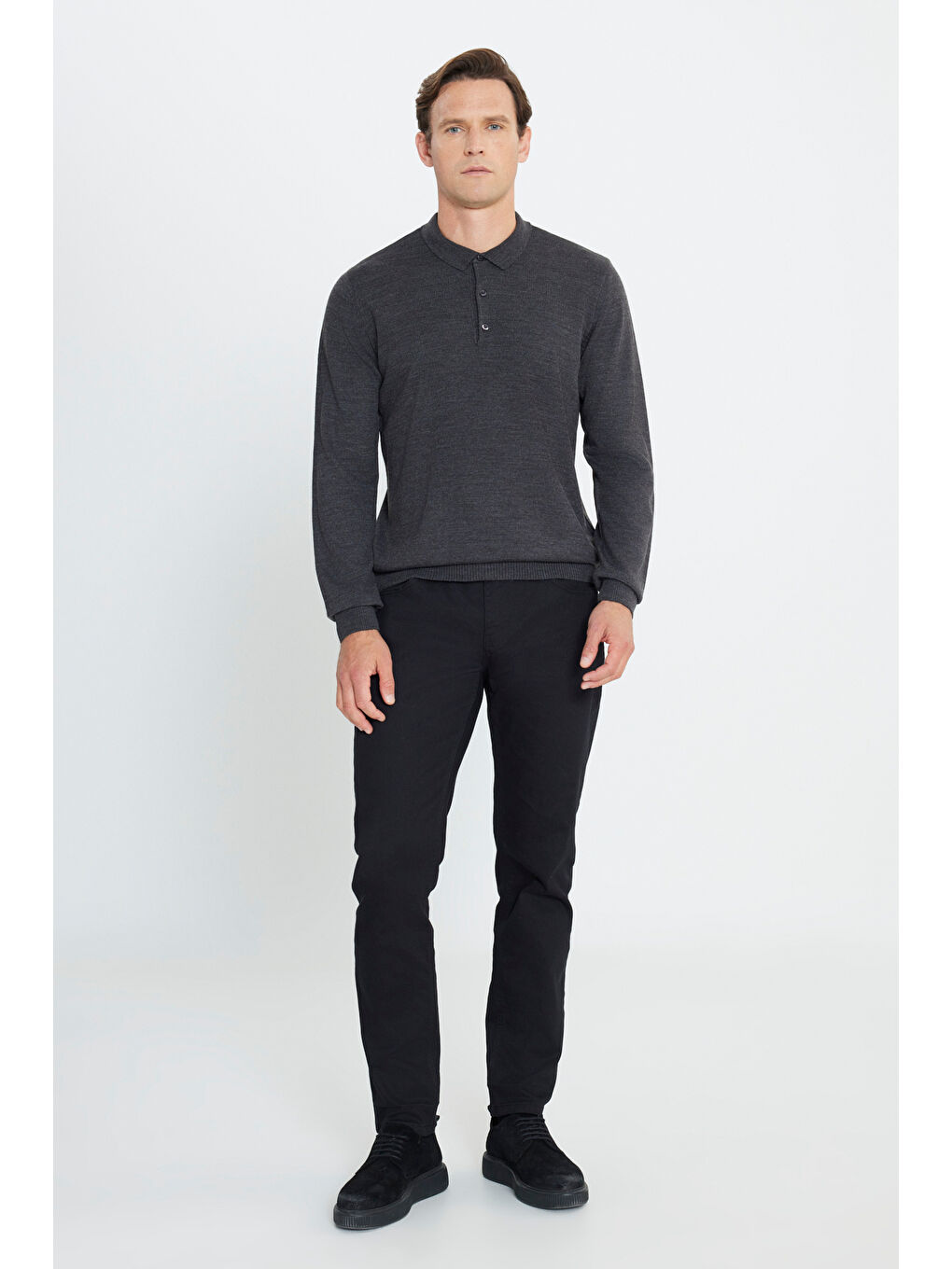 Erkek Antrasit-Melanj Tüylenme Yapmayan Anti Pilling Kumaş Standart Fit Polo Yaka Triko-2