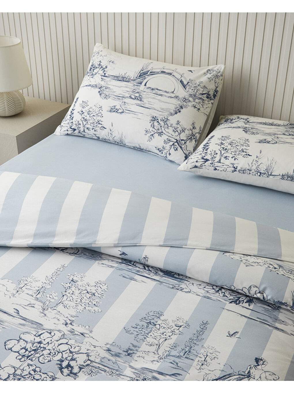 Striped Jouy Pamuk Çift Kişilik Nevresim Takımı 200x220 cm Mavi-2