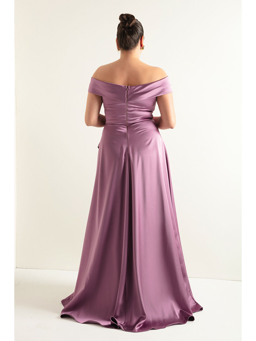 Lila Kadın Lavanta Kayık Yaka Büyük Beden Saten Abiye & Mezuniyet Elbisesi-4