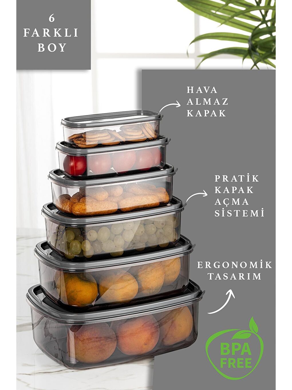 Meleni Home Antrasit 24'lü Sweet Box Saklama Kabı Seti - Dikdörtgen Erzak Kabı 4x(300-500-850-1350-2000-3150 ml) - 1