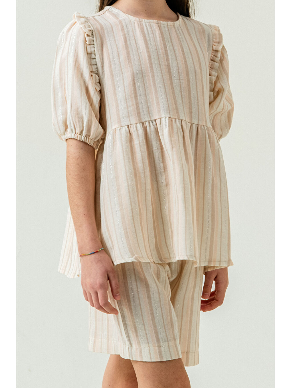 Kız Çocuk Çizgili Müslin Şortlu Takım 5-9 Yaş Bej 3806-2-2