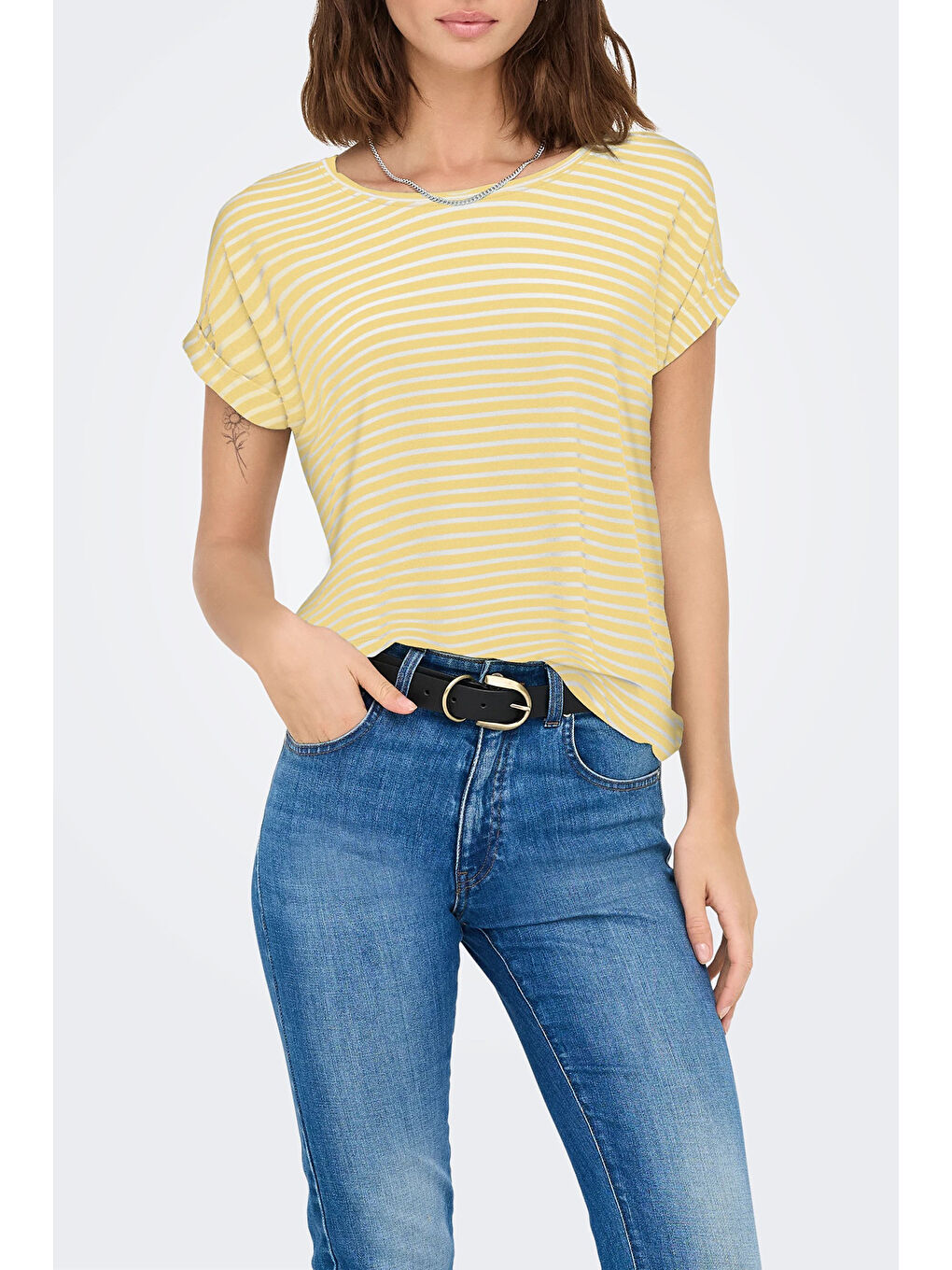 Sarı Onlmoster Streç Çizgili Regular Fit Bisiklet Yaka Kadın T Shirt 15206243