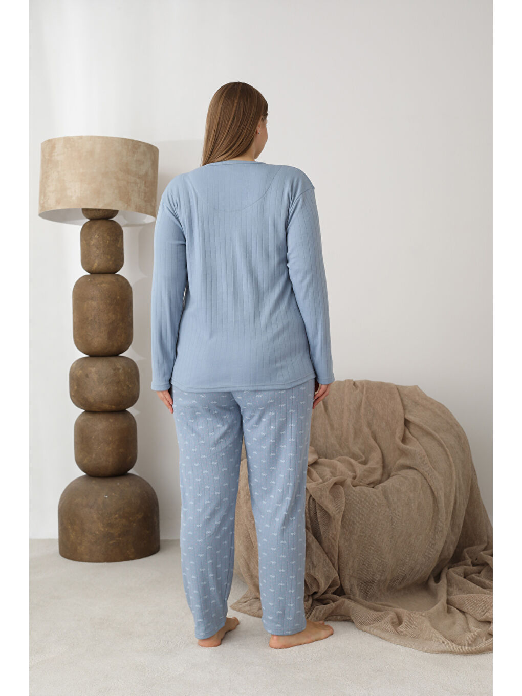 Mavi Şardonlu İnterlok Kumaş Büyük Beden Kışlık Kadın Pijama Takımı 1160-4