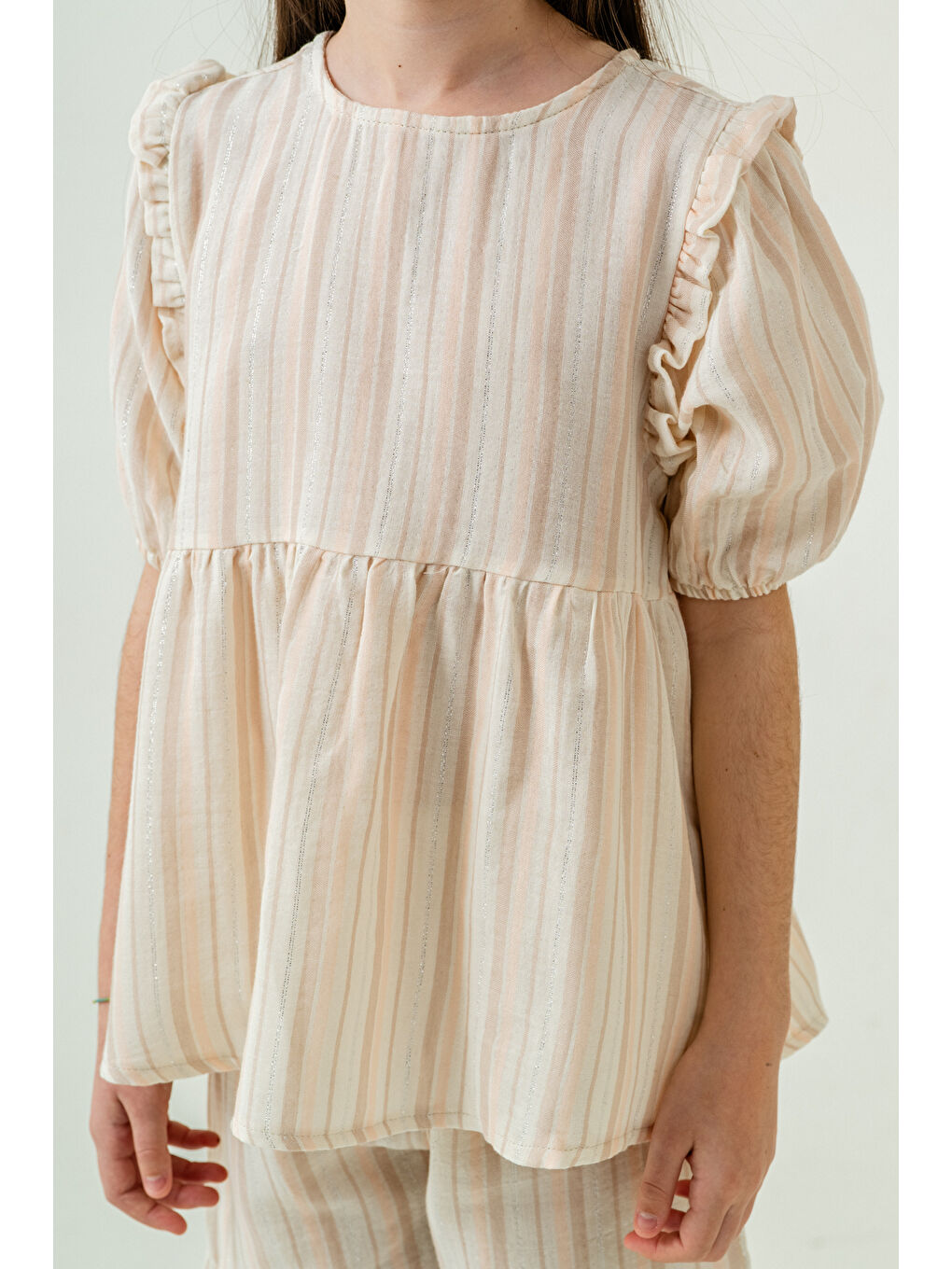 Kız Çocuk Çizgili Müslin Şortlu Takım 5-9 Yaş Bej 3806-2-3