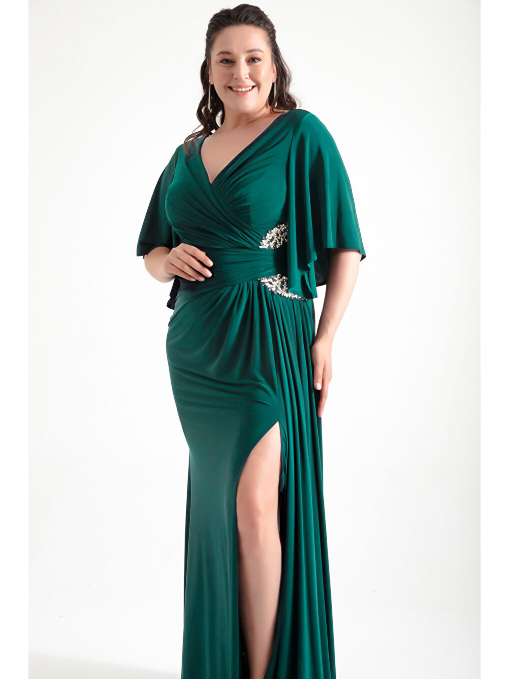 Kadın Zümrüt Yeşili Yanı Taşlı Büyük Beden Uzun Abiye Elbise-1