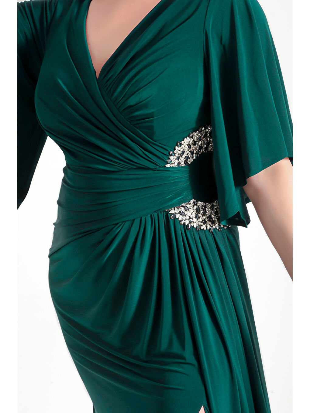 Kadın Zümrüt Yeşili Yanı Taşlı Büyük Beden Uzun Abiye Elbise-2