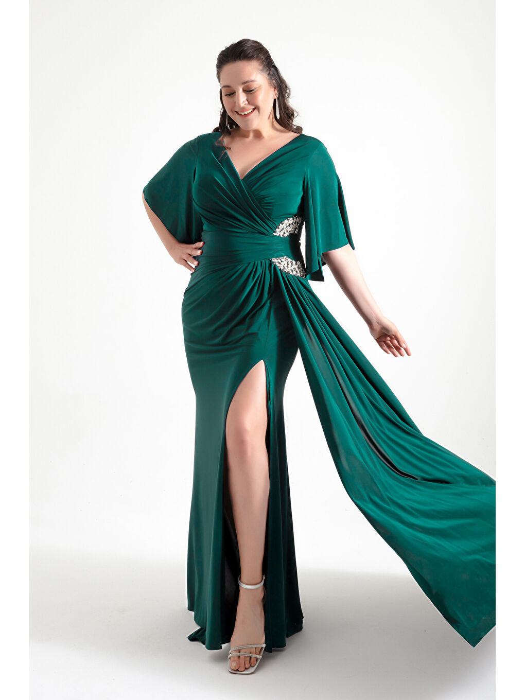 Kadın Zümrüt Yeşili Yanı Taşlı Büyük Beden Uzun Abiye Elbise-3