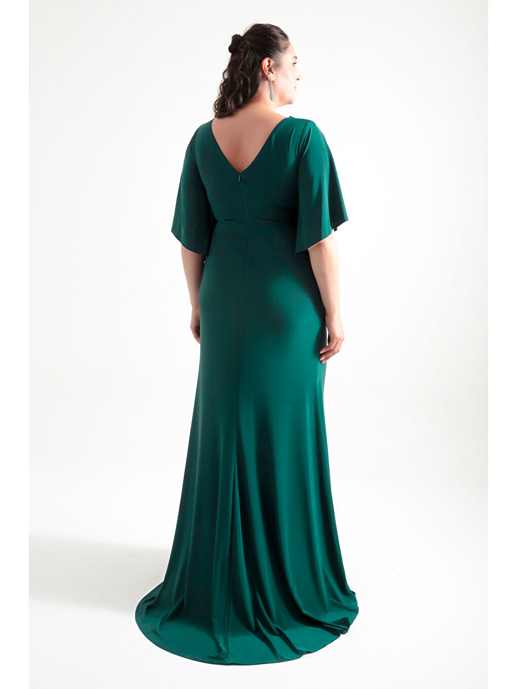Kadın Zümrüt Yeşili Yanı Taşlı Büyük Beden Uzun Abiye Elbise-4
