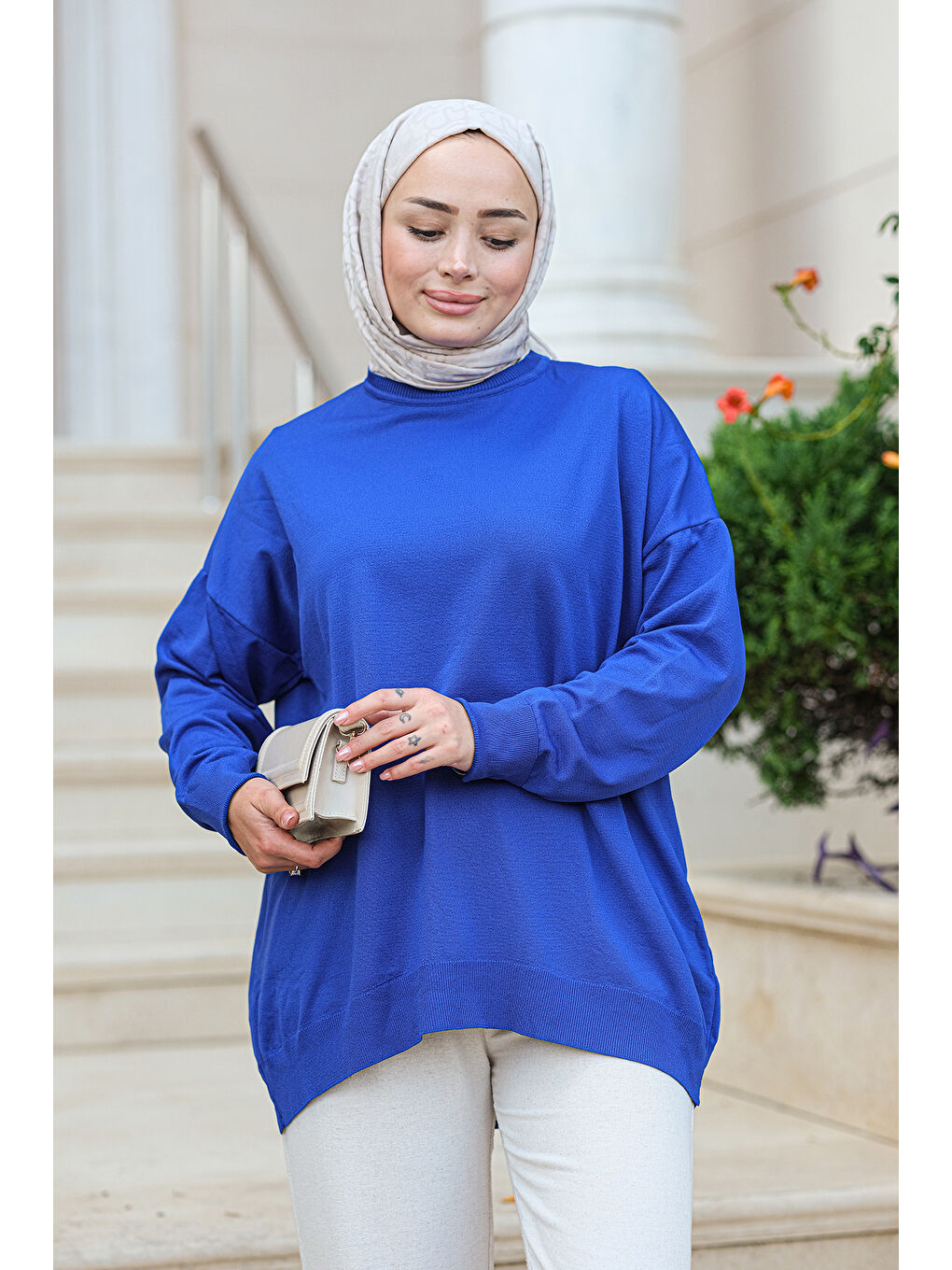 Kadın Bisiklet Yaka Oversize Triko Kazak Saks Mavi