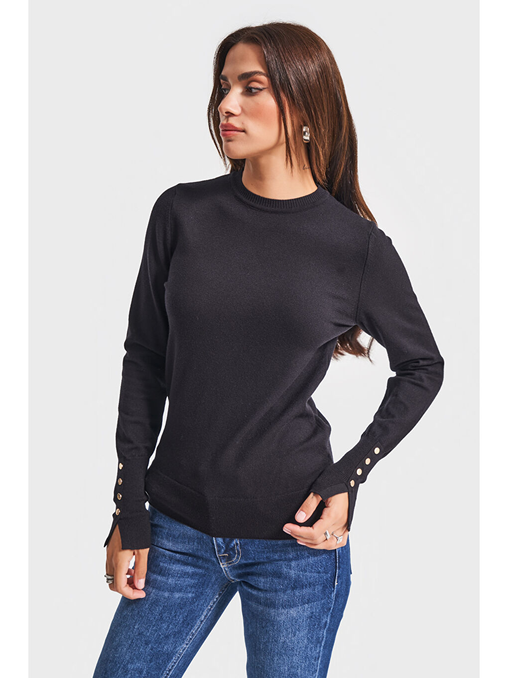 Kadın Siyah Renk w5-1 Örme Triko Kumaş Bisiklet Yaka Kol Aksesuarlı Triko-4