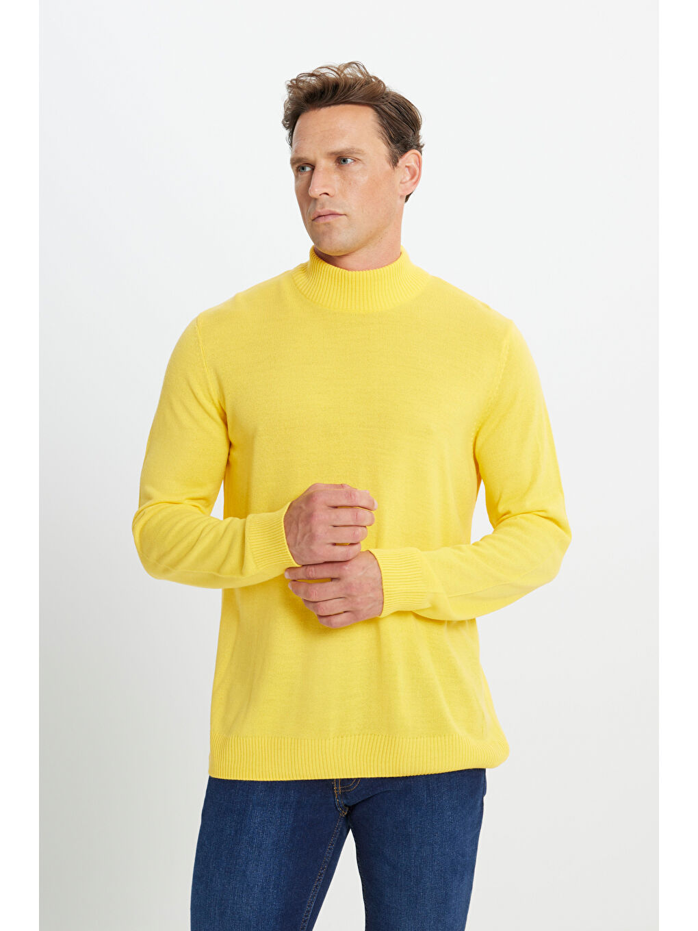 Erkek Sarı Tüylenme Yapmayan Anti-Pilling Standart Fit Yarım Balıkçı Yaka Triko Kazak-2