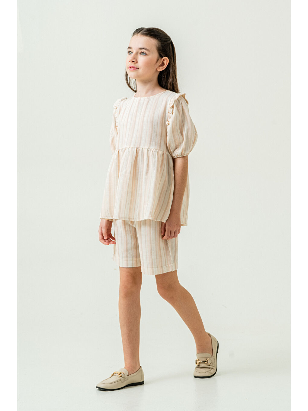 Kız Çocuk Çizgili Müslin Şortlu Takım 5-9 Yaş Bej 3806-2-4