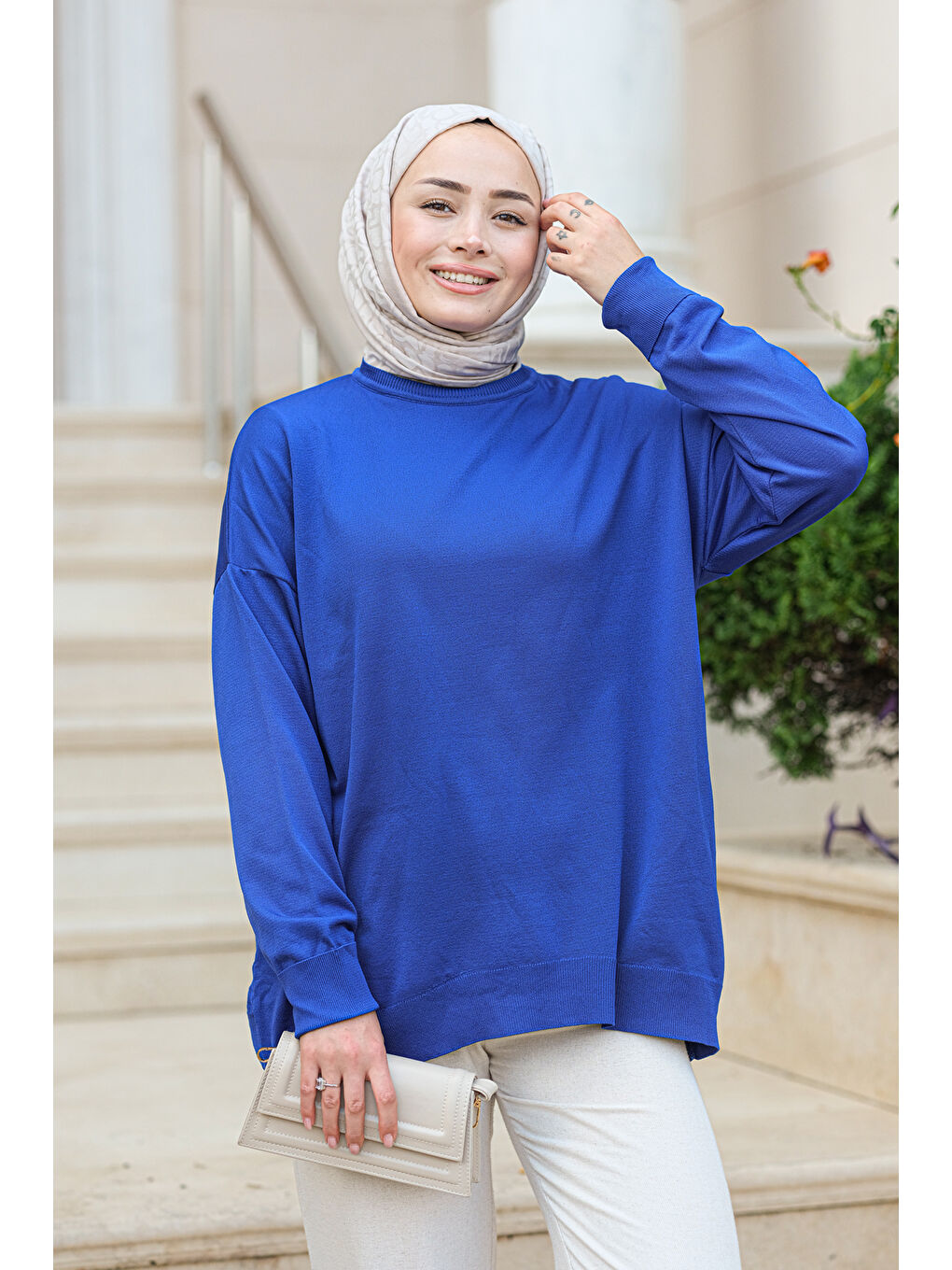 Kadın Bisiklet Yaka Oversize Triko Kazak Saks Mavi-1