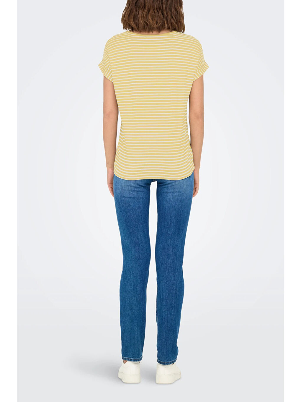 Sarı Onlmoster Streç Çizgili Regular Fit Bisiklet Yaka Kadın T Shirt 15206243-1