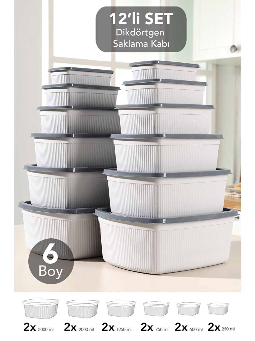 Gri 12'li Çizgili Dikdörtgen Gıda Saklama Kabı Seti