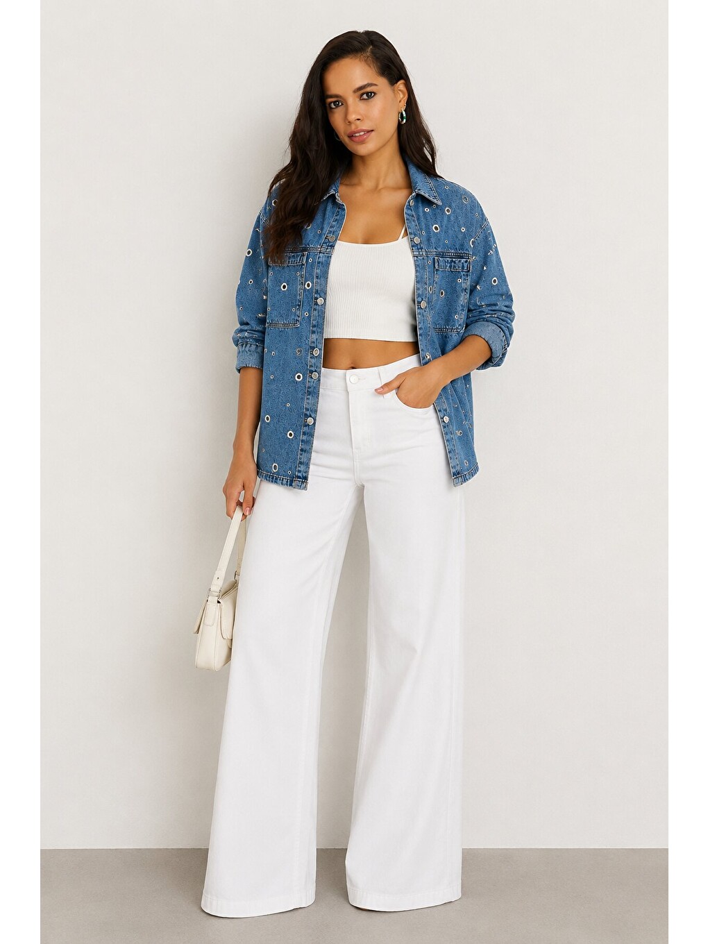 Kadın Mavi Kuş Gözü Detaylı Oversize Denim Jean Ceket-1