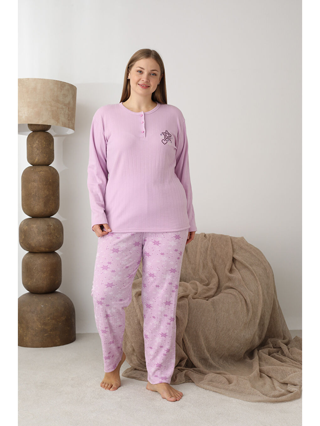 Lila Şardonlu İnterlok Kumaş Büyük Beden Kışlık Kadın Pijama Takımı 1160