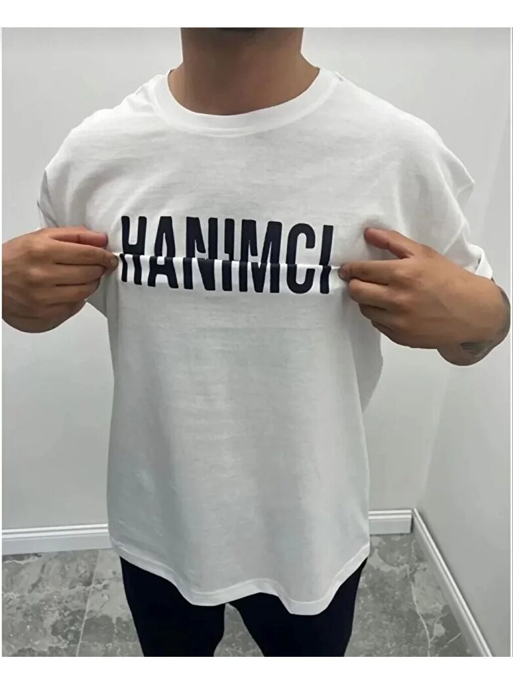 Unisex Bisiklet Yaka Katlanan Baskılı T-Shirt - Beyaz-1