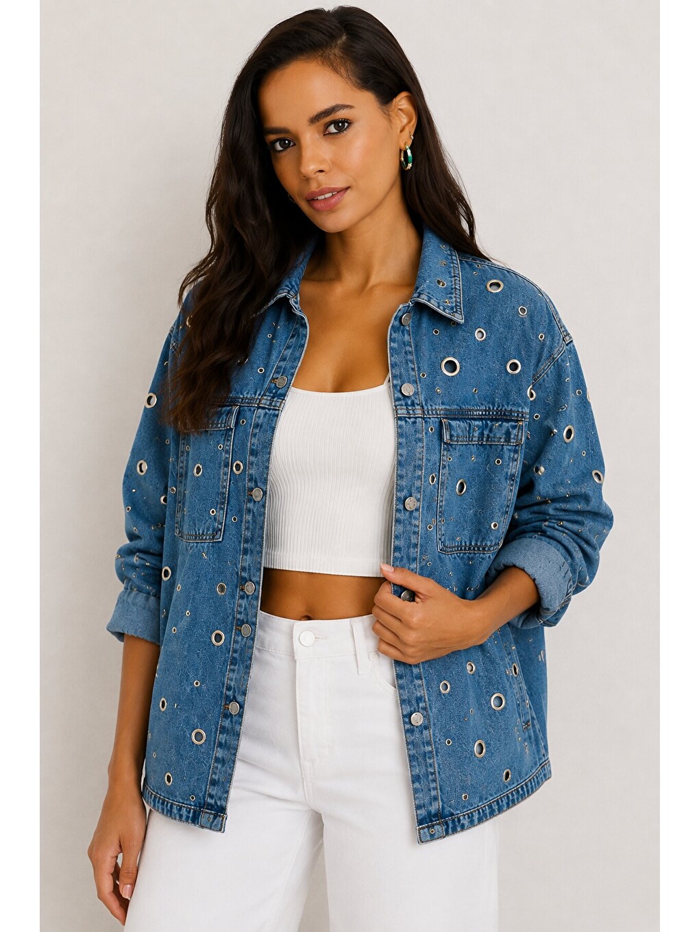 Kadın Mavi Kuş Gözü Detaylı Oversize Denim Jean Ceket-2