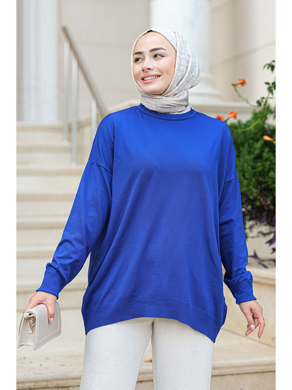 Kadın Bisiklet Yaka Oversize Triko Kazak Saks Mavi-3