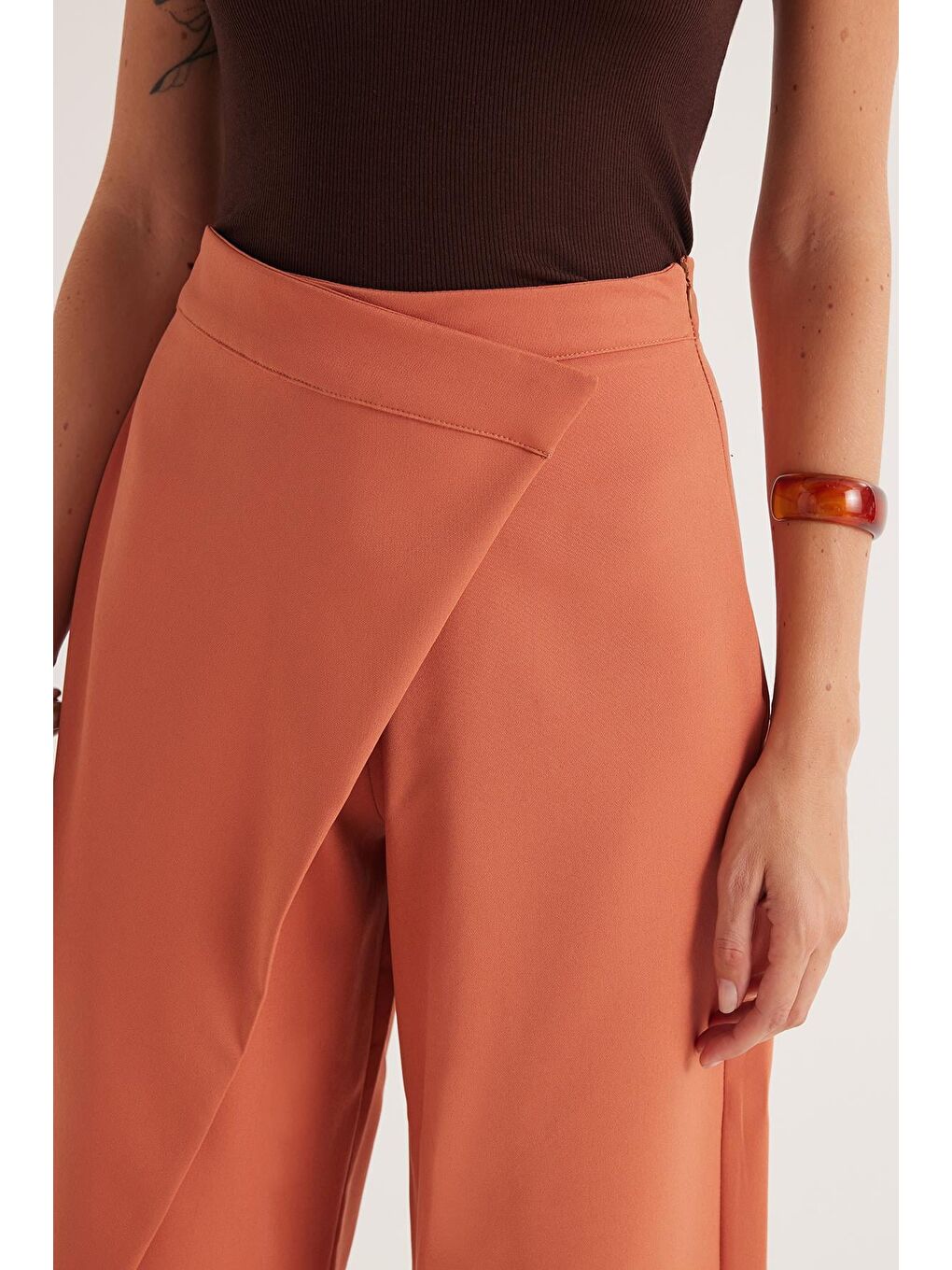 Kahverengi Kadın Standart Fit Geniş Paça Kiremit Double Pantolon-2