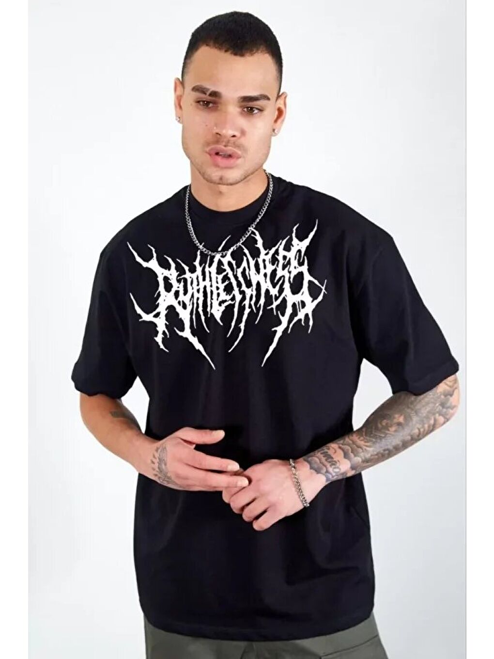 Unisex Bisiklet Yaka Baskılı Oversize T-Shirt - Siyah