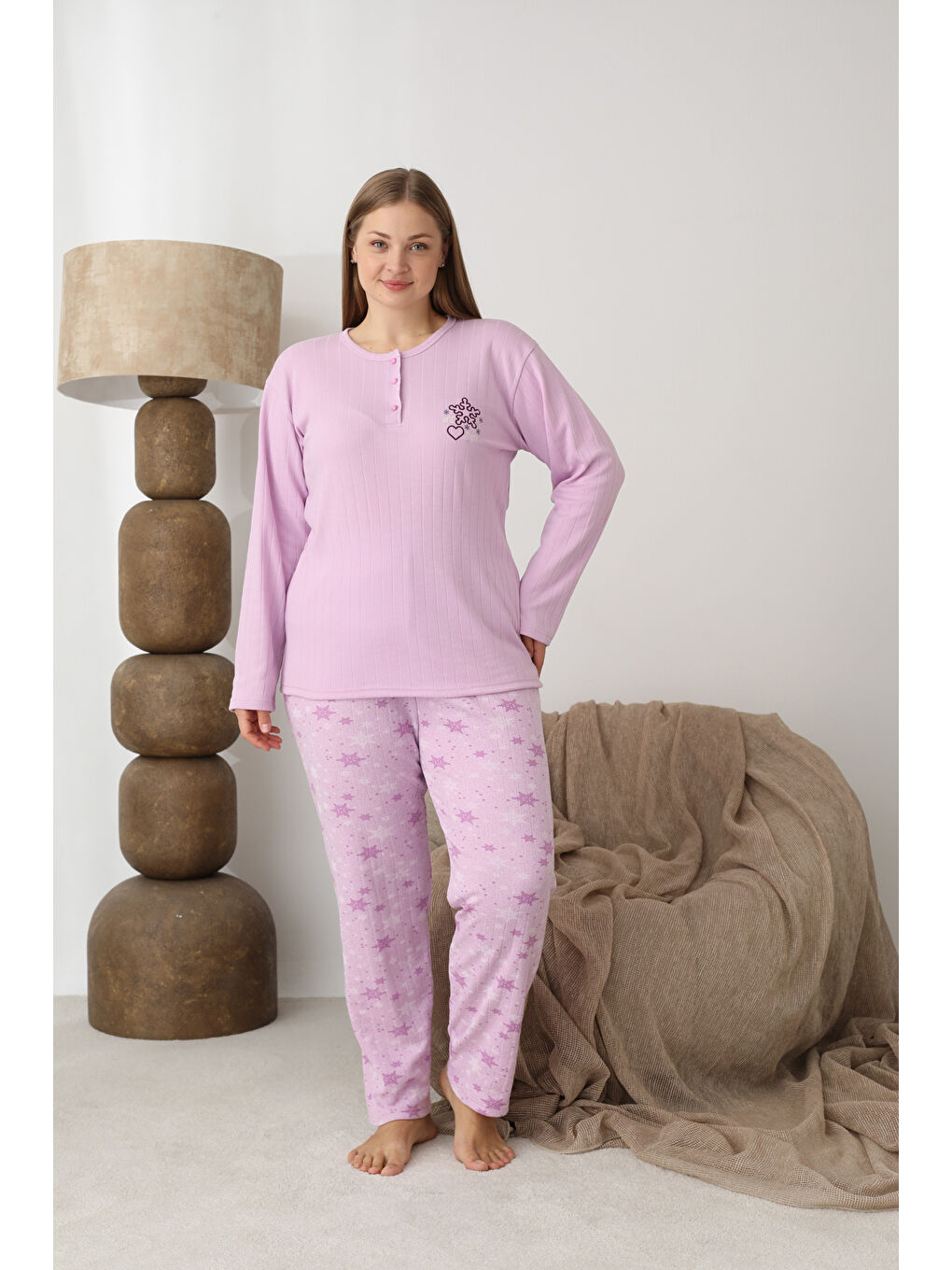 Lila Şardonlu İnterlok Kumaş Büyük Beden Kışlık Kadın Pijama Takımı 1160-1