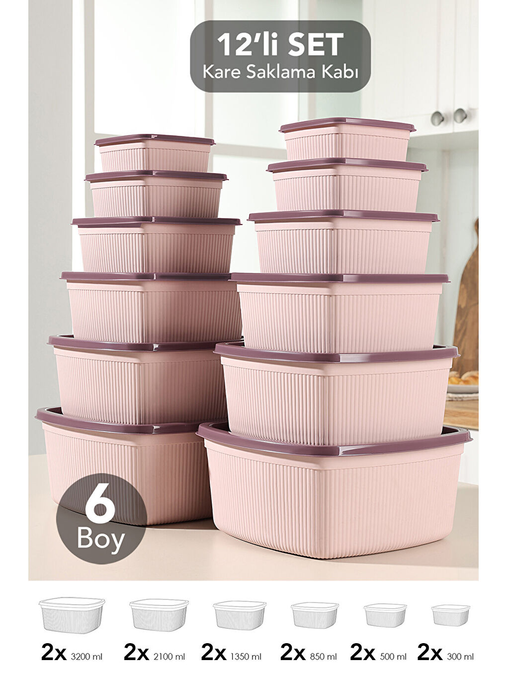 Pembe 12'li Çizgili Kare Erzak Gıda Saklama Kabı Seti