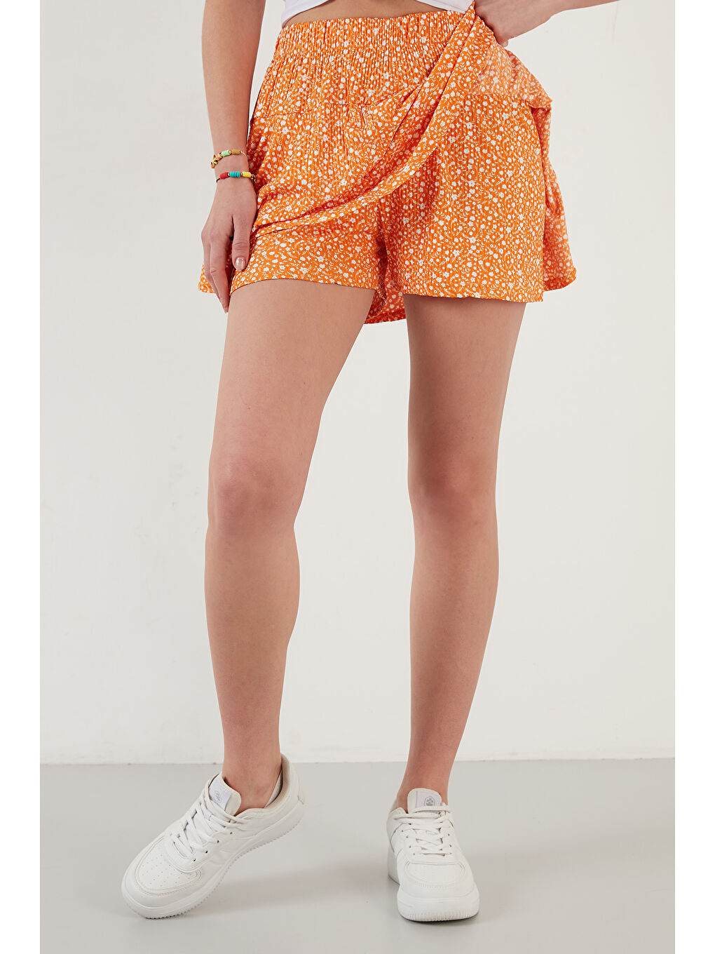 Turuncu Desenli Beli Lastikli Slim Fit Mini 2'li Paket Kadın Şort Etek 5864024S2-5