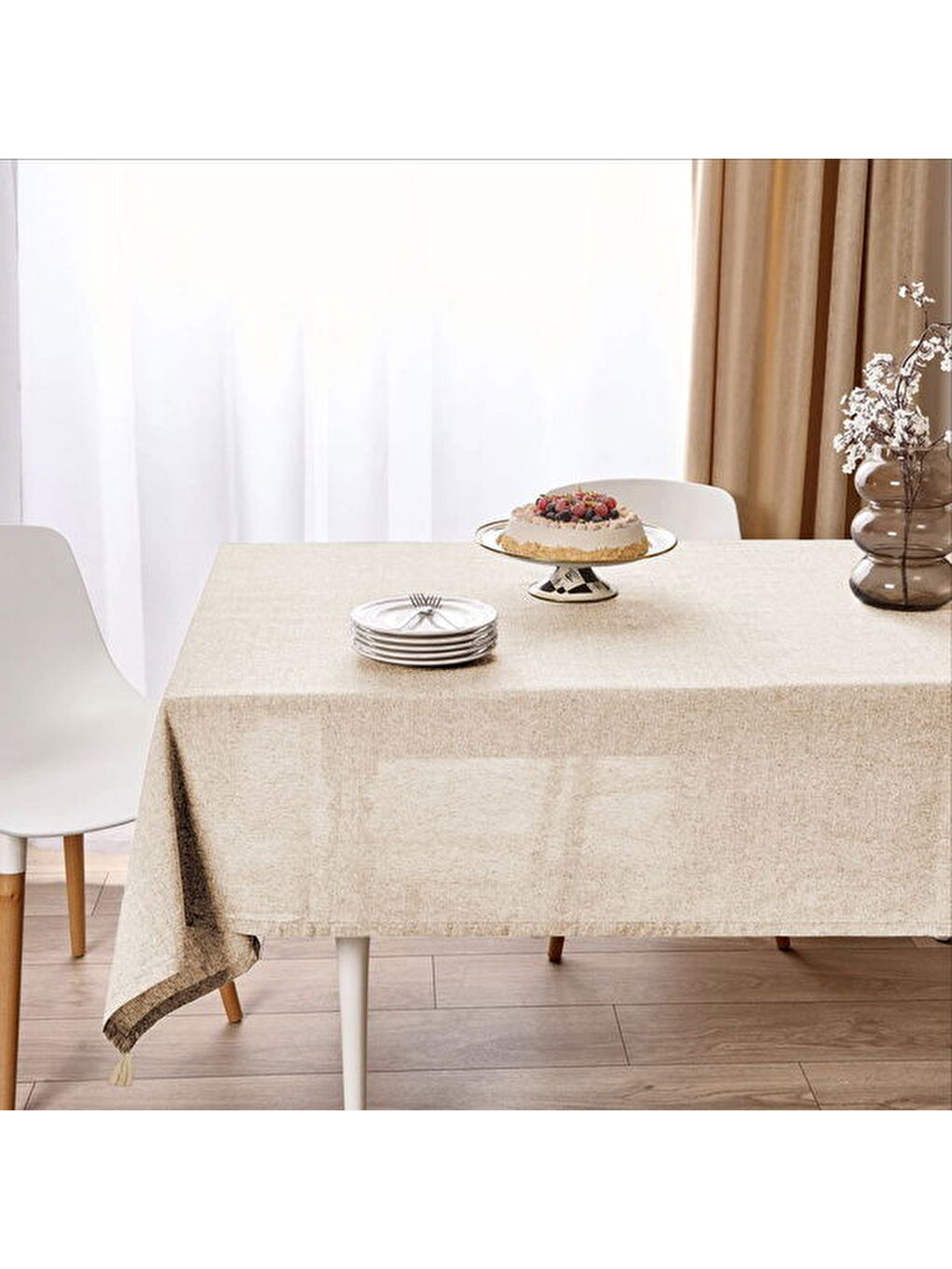 Soft Pallium Püsküllü Masa Örtüsü - Bej - 150x220 cm-1