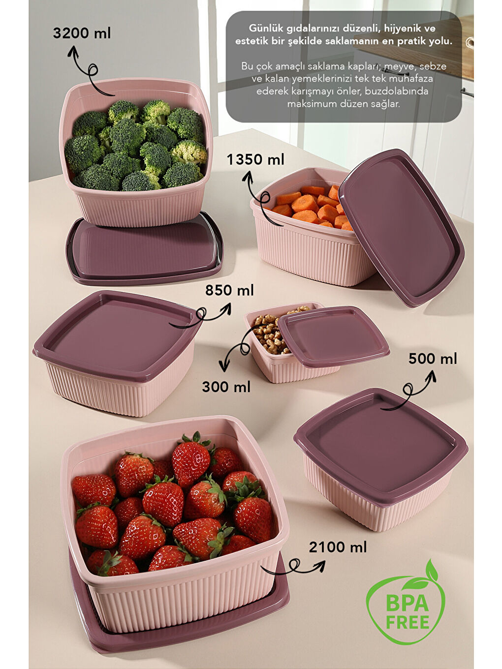 Pembe 12'li Çizgili Kare Erzak Gıda Saklama Kabı Seti-1