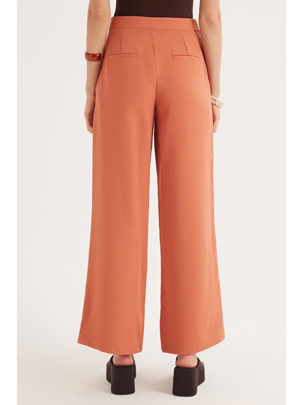 Kahverengi Kadın Standart Fit Geniş Paça Kiremit Double Pantolon-6