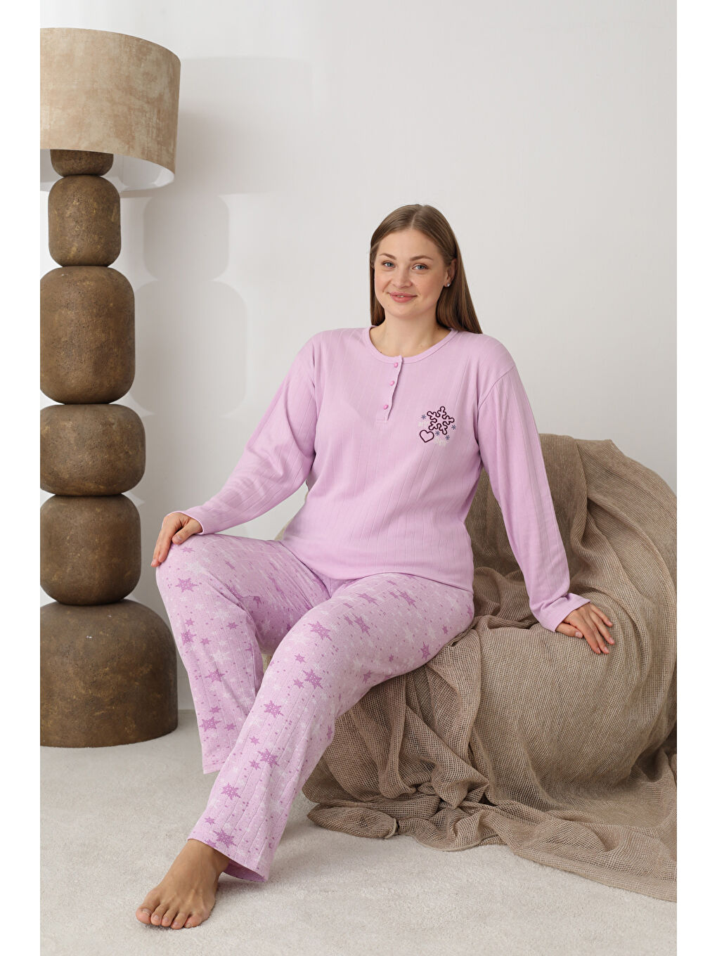 Lila Şardonlu İnterlok Kumaş Büyük Beden Kışlık Kadın Pijama Takımı 1160-3