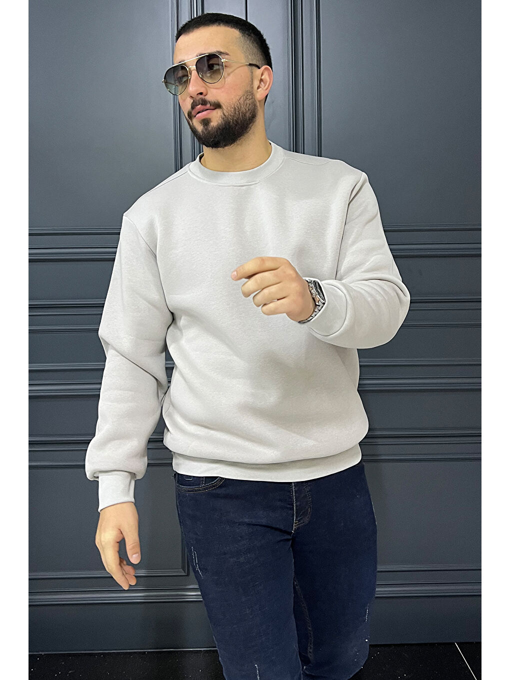 Mishar İtalia Gri Erkek Bisiklet Yaka Şardonlu Sweatshirt - 1