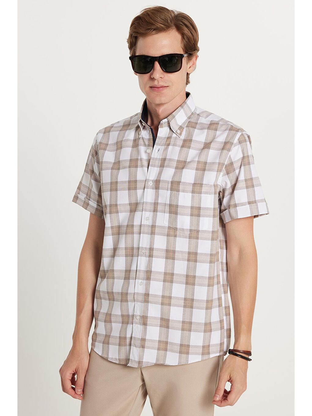 Karışık Erkek Regular Fit Klasik Kesim Pamuklu Tek Cepli Ekoseli Düğmeli Yaka Gömlek